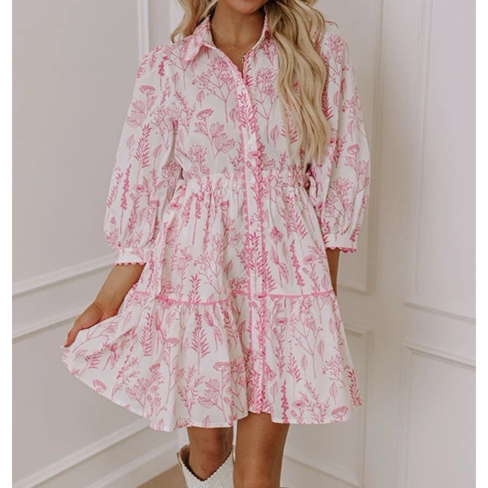 Entro Memory Lane Pink White Floral Dress Ruffle 3/4 Sleeve Cowgirl Cute Sz S